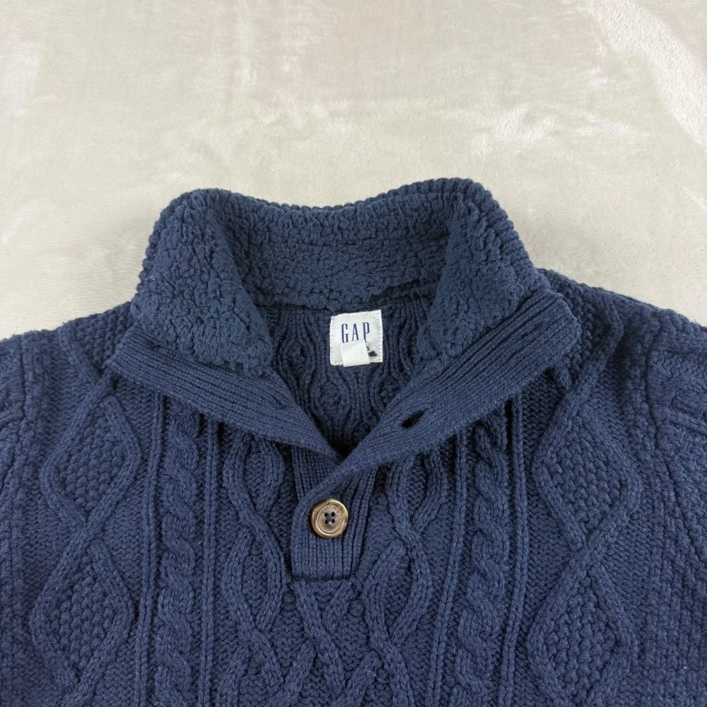 Gap Kids Cable Knit Fisherman Sweater Boys L Blue Sherpa Lined Mock Neck Button